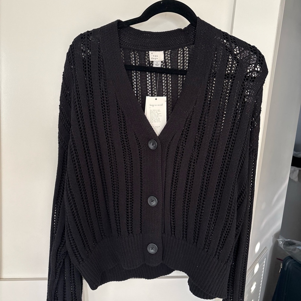 New day Knit Openwork V-Neck Cardigan Sweater - Black
